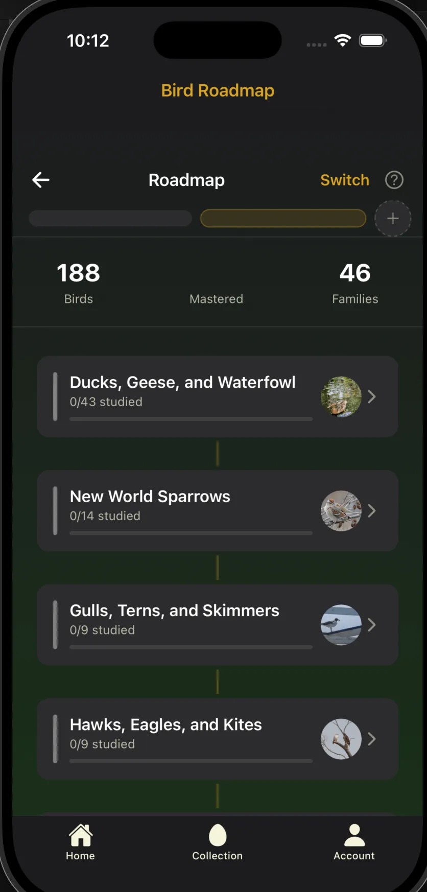 App screen showing a roadmap of local bird species to learn